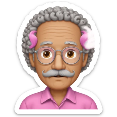 old guy with very curly hair and brown shades and big  pink mustache sticker