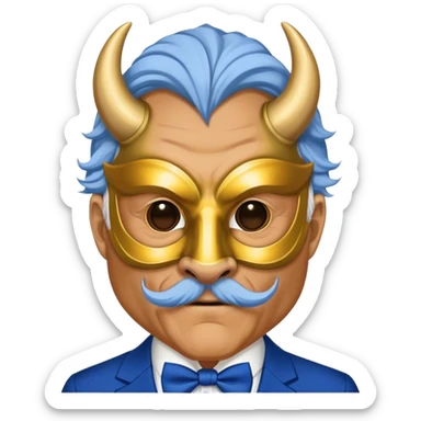 a old man, with a Blue suit,  wear half-face golden Buffalo masquerade mask sticker