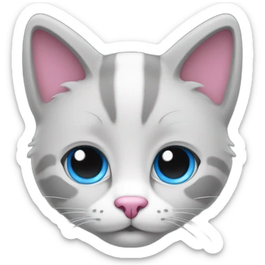 a cat with a pink nose, gray fur, blue eyes and white lower face sticker