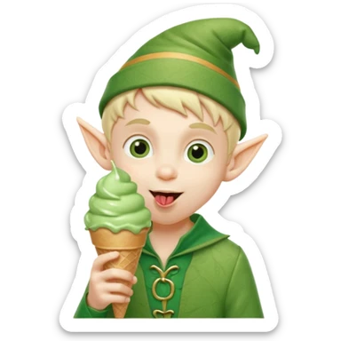 
A young elf boy in leafy clothes licking a triple-scoop ice cream with wide eyes.


A tall elegant elf with long braids enjoying a mint swirl cone under soft light.




 sticker