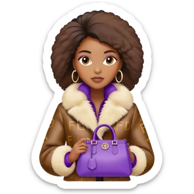 Beautiful black woman wearing a brown monogram Fendi jacket with a fur trim. She is carrying a purple Fendi peekaboo bag. I want the image to start at her head and end at the chest sticker