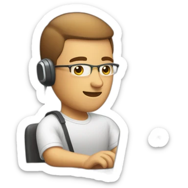 software engineer (white male, brown buzz cut hair, white gold earrings) in front of laptop, apple-style, on the phone sticker