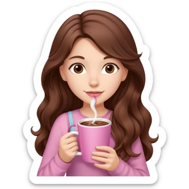 menina branca com cabelos castanhos longos ondulados com xícara rosa na frente com chocolate quente, com blusa de alça fina sticker