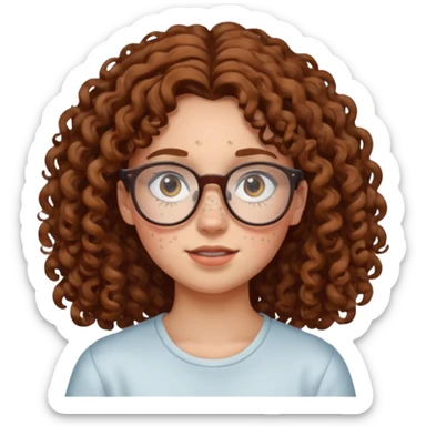 make a really curly hair, teen girl with glasses and late acne that looks like freckles sticker