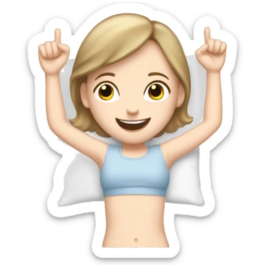 Happy pale girl wakes up in bed and stretches hands up in the air  sticker