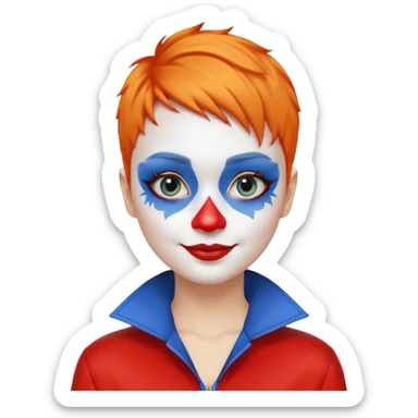 Orange short hair.

White face paint with blue eye makeup and a red nose.

Bright smile with red lips.

Wearing a red jacket over a yellow shirt. sticker