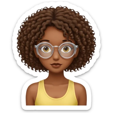 girl with dark skin and brown curly hair and clear circular lensed glasses, long eyelashes, wearing a light yellow tank top sticker