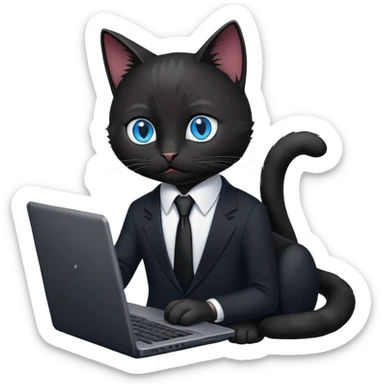 black cat with blue eyes in a black suit with black tie and laptop sticker