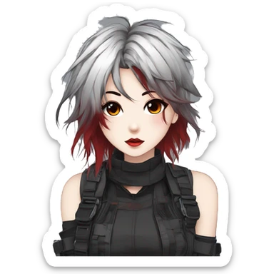 Gorgeous techwear anime style lady with blushing face aesthetic and pretty edgy black red white punk messy hair with collar and harness trending style sticker