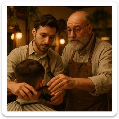 Inside a cozy barbershop with soft lighting, an experienced barber gently teaches his apprentice, guiding his hands as they cut hair together. The room is filled with warmth, plants hanging from the ceiling, and the hum of clippers sticker