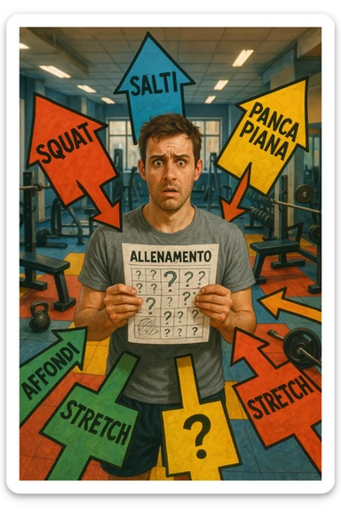 a person stands in the center of a gym, surrounded by arrows pointing in all directions, each labeled with a different exercise (e.g., “squat,” “Salti,” “stretch,” “Panca Piana”). The person looks bewildered, holding a workout plan with scribbles and question marks. The scene is colorful but visually messy, symbolizing confusion. in italiano immagine iperrealistica sticker