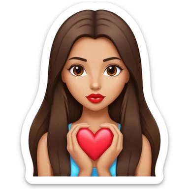 Model tanned beautiful girl with pump lips and brunette straight long hair showing heart sticker
