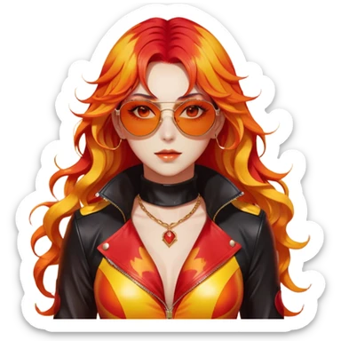 Beautiful gorgeous anime lady with beautiful fiery long warm-red-orange-yellow-gradient-wavy-special-hair, fashion aesthetic, slim red-tinted-sunglasses, accessories, gold jewelries, red-and-yellow sunny-pattern-eyes, black latex-suit, biker-woman, cool, badass, ahoge, gold necklace sticker