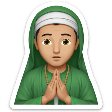 an Algerian man praying, dressed in green with a djellaba sticker