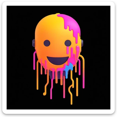 melting emoji face and a futuristic robot, emoji face dissolving into neon digital bits, flat 3D icon, bright neon colors, white background sticker