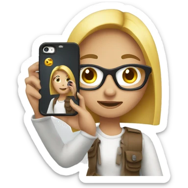 A girl holding a mobile is photographing sticker