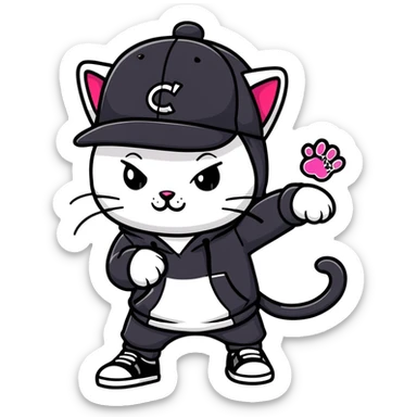 cat wearing a black snapback cap and black hoodie doing graffiti art with spray paint, street art style sticker