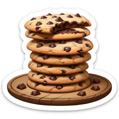 Cinematic crunchy chocolate chip cookies, freshly baked, golden-brown with gooey melted chocolate chunks, stacked on a rustic wooden plate, soft warm lighting, cozy and delicious. sticker