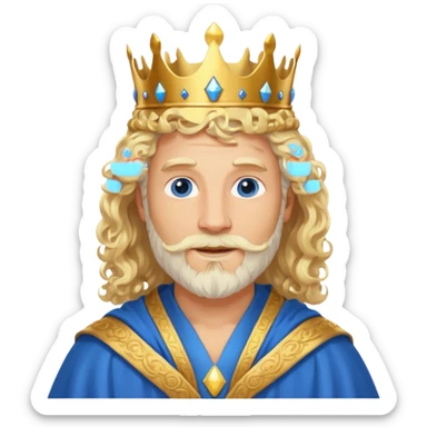 1 Middle-aged white king, 40 years old, blond hair, blond beard, long curly hair, blue eyes, kind and benevolent vibe, gentle smile, wearing a crown and blue robe emoj sticker