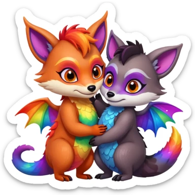 black female raccoon dragon hybrid with rainbow colored wings and purple eyes giving a big hug to a red female fox dragon hybrid with rainbow colored wings and orange eyes sticker