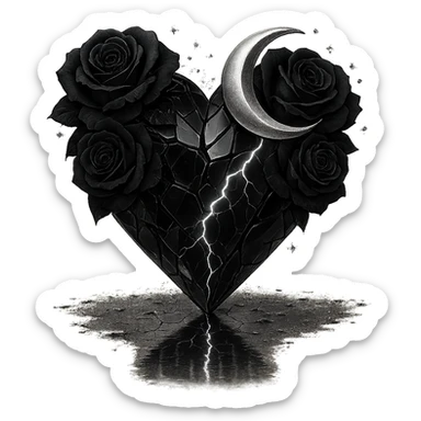 Edit the gothic heart to be formed from splintered deep black glass, silver crescent moon, black roses, sparkling holographic stardust, neon lightning, and a wet, reflective surface. Keep the background transparent. Maintain the gothic heart style and details. sticker