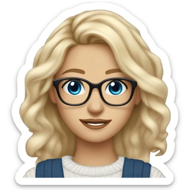 Blonde balayage long hair white women sweater blue eyes and small glasses holding note pad and pen sticker