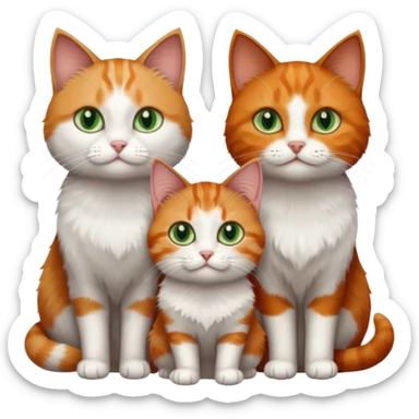 3 tiny different coloured short hair cats including a dark grey and white cat with green eyes, a ginger and white with orange eyes and a brown tabby and white with hazel eyes sticker