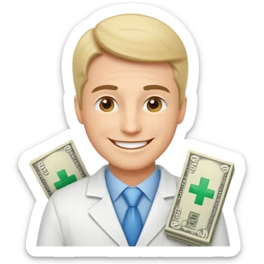 Happy CEO investing money to a hospital sticker