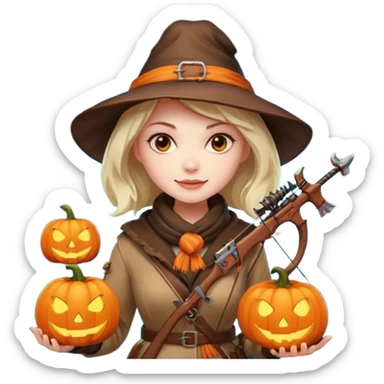 female human monster hunter emoji, wearing brown coat and hat, holding crossbow, soft smile, scarf, glowing pumpkin by her side, Halloween fantasy style, clean vector Apple emoji look, bright colors, white background, square sticker
