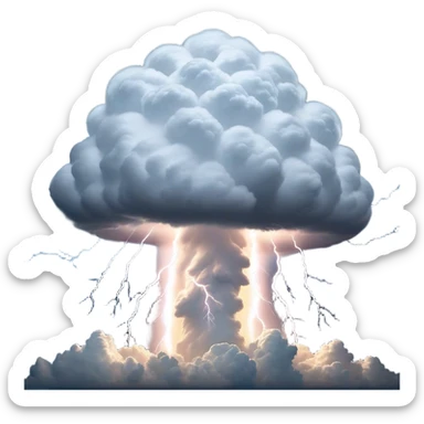 Cinematic Realistic Cumulonimbus Emoji, Towering and imposing, with dark, dramatic clouds reaching up into the sky in a billowing formation. Lightning flickers within, and the atmosphere is charged with energy, signaling a powerful storm ahead. Soft glowing outline, capturing the essence of raw power, intensity, and nature’s fury in a mighty cumulonimbus cloud! sticker