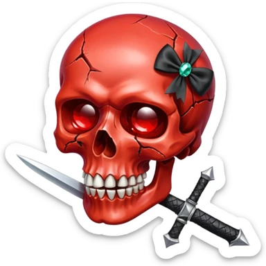 make me a red crystal skull partly see thew super gem like make it realistic and held together by a black bow and a small dager to the eye with cracks coming from it have the bow be loosly tied around the skull holding it together make the blade super realistic  sticker