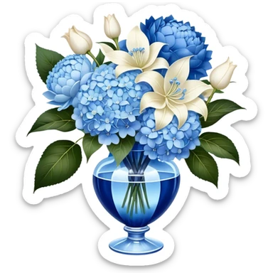 An exquisite floral arrangement of deep blue hydrangeas, pastel blue peonies, and ivory lilies, bound with a flowing pearl satin ribbon and placed in a crystal vase sticker
