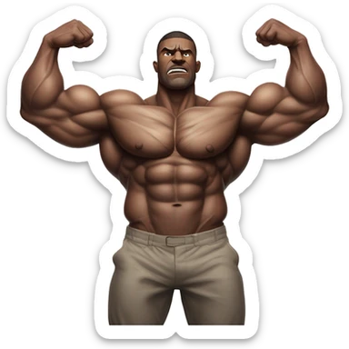 A hyper-muscular man with veins prominently visible across his massive arms and chest, each of his arms taking up a third of the frame. his exaggerated physique creates an even more surreal and intense visual. sticker