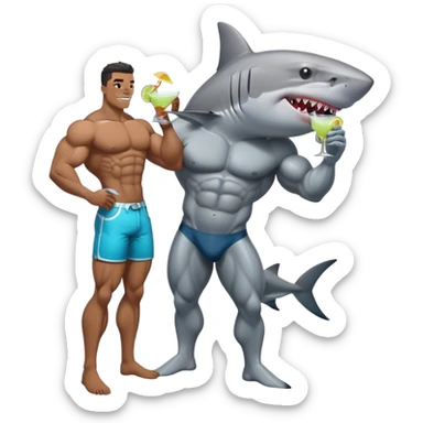 a shark that drinks a marghareta standing on a body builder sticker