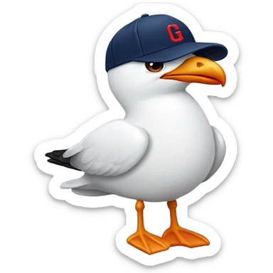 Seagull with wearing navy color baseball cap emblazoned with a red G initial sticker