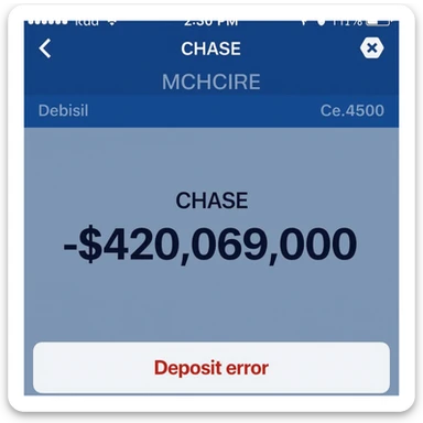 a iphone screenshot showing a chase bank balance of -$420,069,000, "deposit error" sticker
