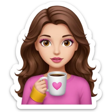 girl with long wavy brown hair, brown eyes, long lashes, makeup ,sexy pink lips, light to medium complexion, pink sexy top, with a coffee mug sticker