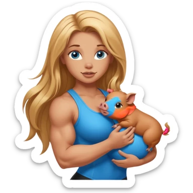 muscled sexy girl, big butt, holding cute brown minipig, long golden hair, blue eyes sticker
