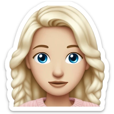 Pretty blue eyed white girl with light pink sweater reading cozy sticker