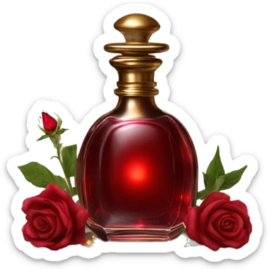 Dark red magic fairy light sparkling old Antique oil perfume bottle with herbal and rose flowers sticker