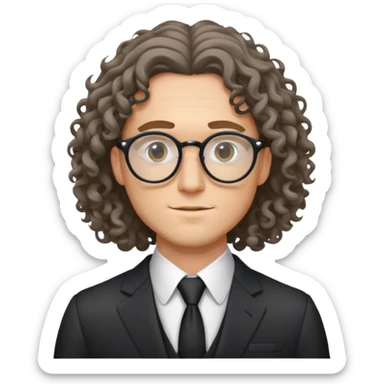handsome white man with long curly hair in a suit wearing round glasses sticker