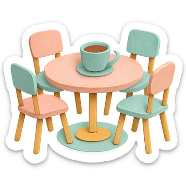 coffee shop table and four chairs, soft pastel hand-drawn illustration sticker