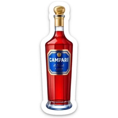 A tall red Campari bottle with a gold cap, bold blue-and-white label, and textured ridged glass at the bottom. Glossy, elegant, iconic look. sticker