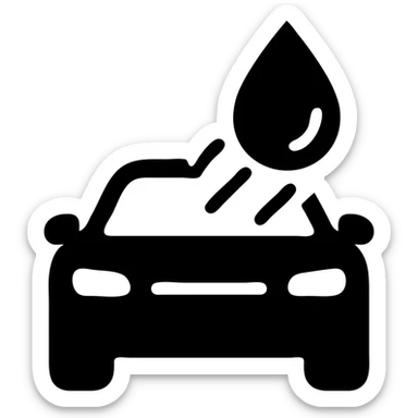 solid icon of a full luxury vehicle with glossy black mirror paint, water droplet sliding on the surface, minimal repellent effect with lines, elegant and minimal sticker