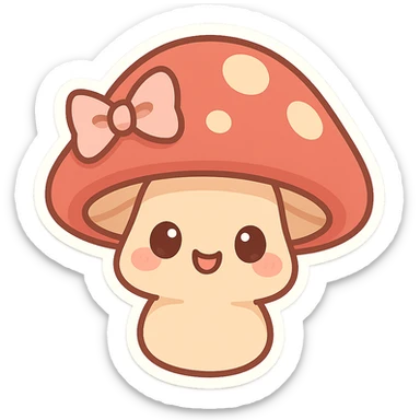 chibi sticker-style mushroom with a bow, cute and exaggerated sticker