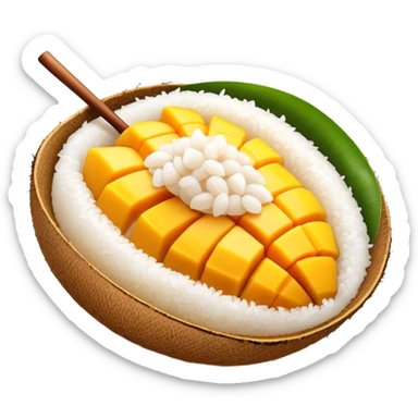 cinematic-realistic-mango-sticky-rice-dessert-emoji,-showcasing-sweet-sticky-rice-paired-with-ripe-mango-slices-and-coconut-milk-rendered-with-lifelike-detail-and-warm,-inviting-lighting sticker