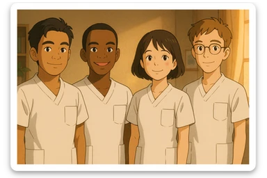 Four nursing students standing side by side, inspired by four referenced faces, in Ghibli style, wearing short-sleeved white medical uniforms without collars, no undershirts or stethoscopes. The tops are medical tunics with V-neck collars and a left chest pocket. Warm indoor ambiance. sticker