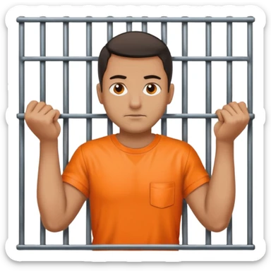 prisoner with orange shirt, metal bars in front of him and he touches the bars sticker