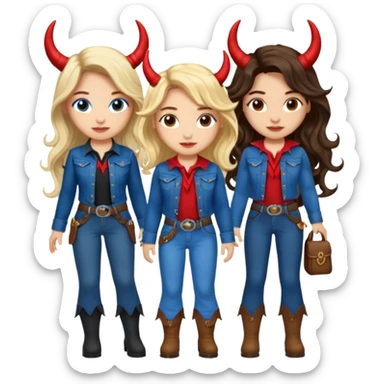 Three women with devil fairy horns, brown eyed light skin with dark blonde long hair and Brown eyed light skin black long wavy hair and blue eyed light skin long blonde hair wearing cute wrangler outfits sticker