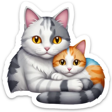 big grey and white cat cuddling a colourful light patched calico + white tabby cat sticker